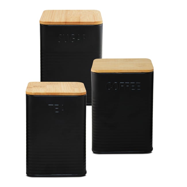 Set de 3 boîtes carrées de cuisine en métal noir et bambou café, thé, sucre Couleur noir <span itemprop=
