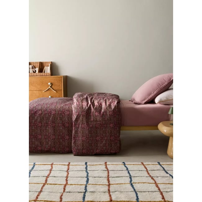 Housse de couette percale de coton imprimé fleuri lit 90 cm prune <span itemprop=