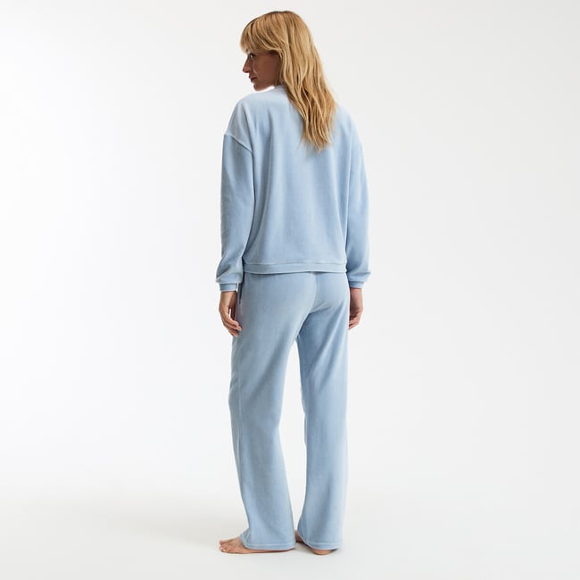 Pyjama En Velours Lisse Bleu Ciel - Veste Brodée + Pantalon - Taille M 42/44 - Neuf Sans étiquettes