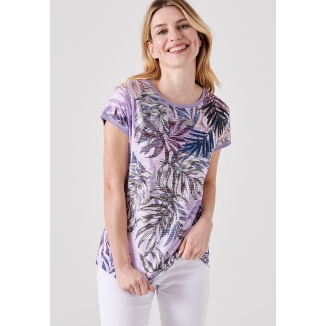 Tee shirt uni et imprimé à sequins violet feuillage <span itemprop=