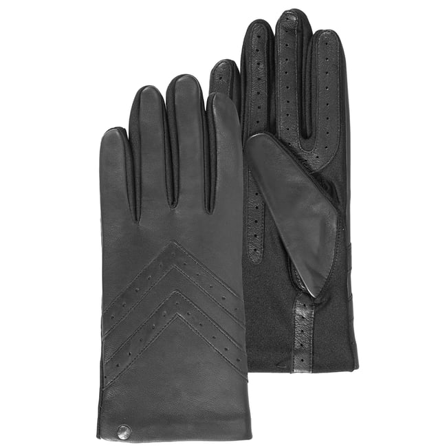 Gants tactiles en cuir de moutone tissu - doublés soie noir <span itemprop=