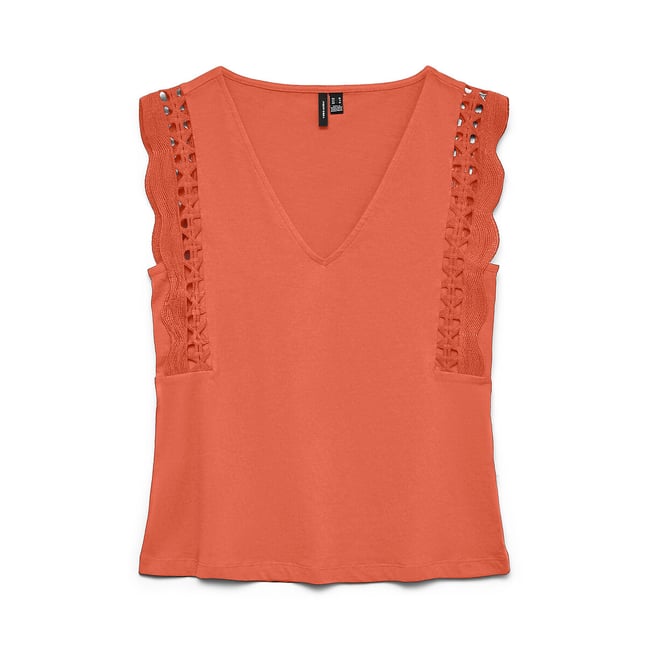 Ruffled Sleeve V-Neck T-Shirt, orange, VERO MODA