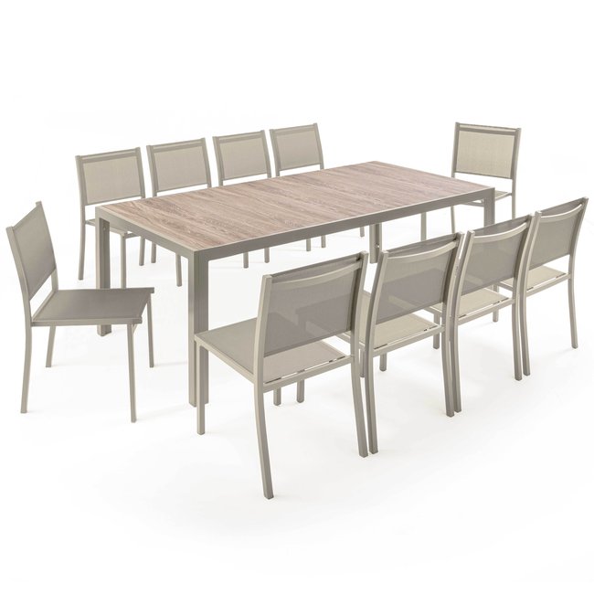 Table de jardin en aluminium et céramique effet bois 206x100 cm et 10 chaises en textilène, TIVOLI crème <span itemprop=