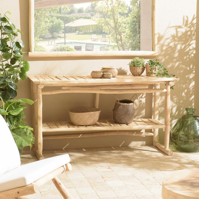 Console exotique teck naturel double plateau MANAK Couleur bois naturel <span itemprop=