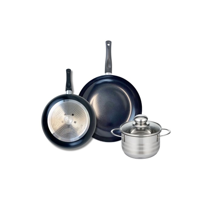 Batterie 2 poêles 24/28cm + 1 faitout 16cm PRIMA BRILLANT noir <span itemprop=