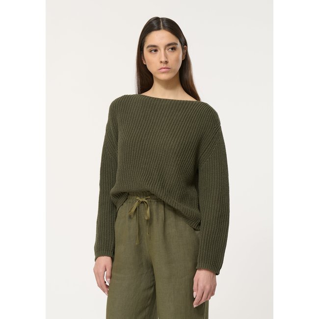 Pull vert ample en maille ajourée manches longues kaki <span itemprop=