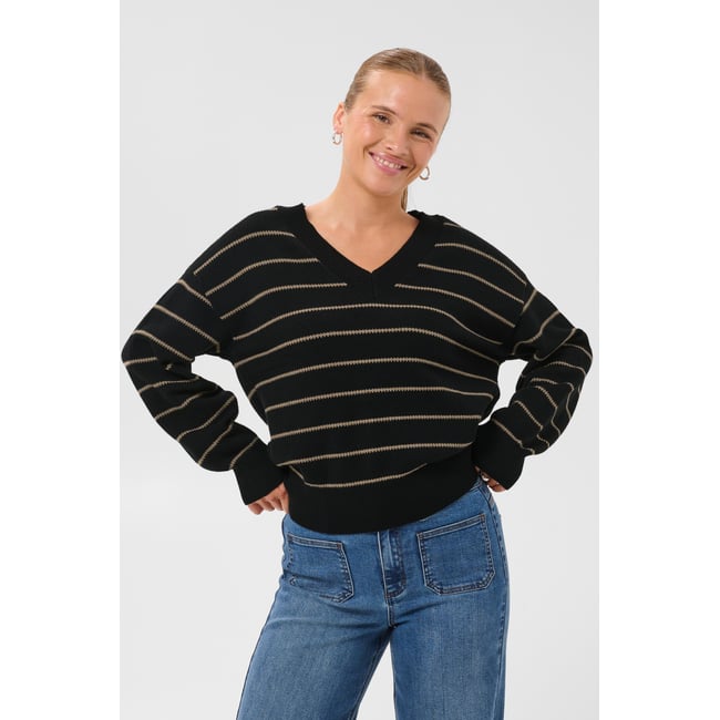 Pullover tricoté noir beige black/desert taupe m. stripe <span itemprop=