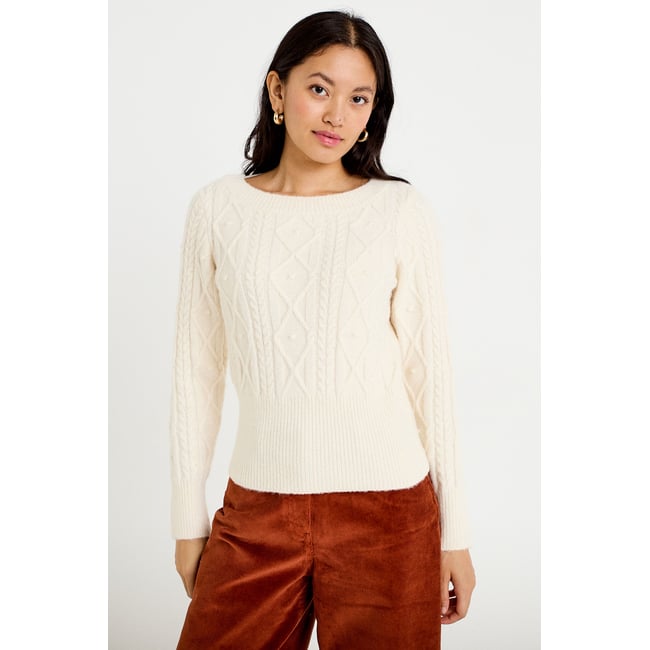 Pull col bateau manches longues ivoire <span itemprop=