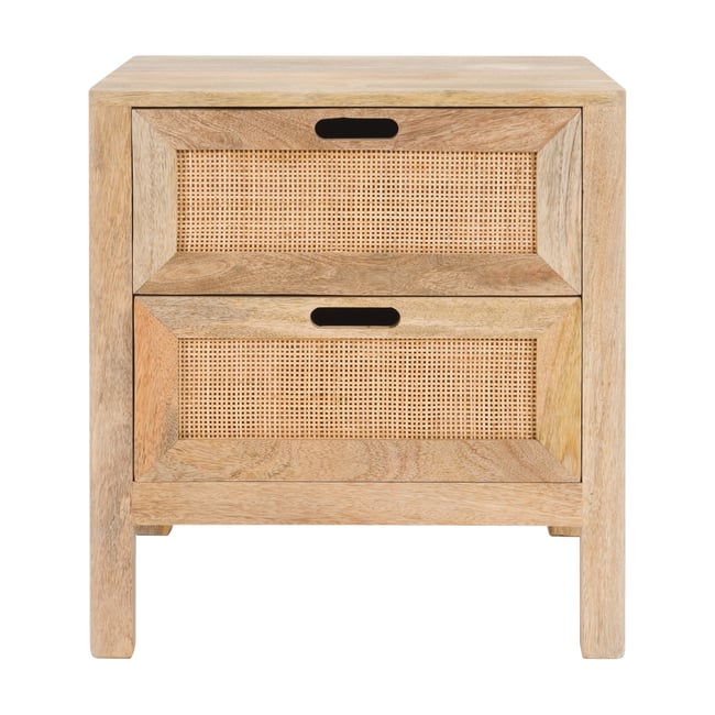 Table de chevet 2 tiroirs en bois de manguier et cannage - FÉLIX Couleur bois clair <span itemprop=