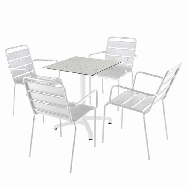 Table 60x60 cm inclinable stratifiée avec pied blanc et chaises en métal, OPERA blanc <span itemprop=