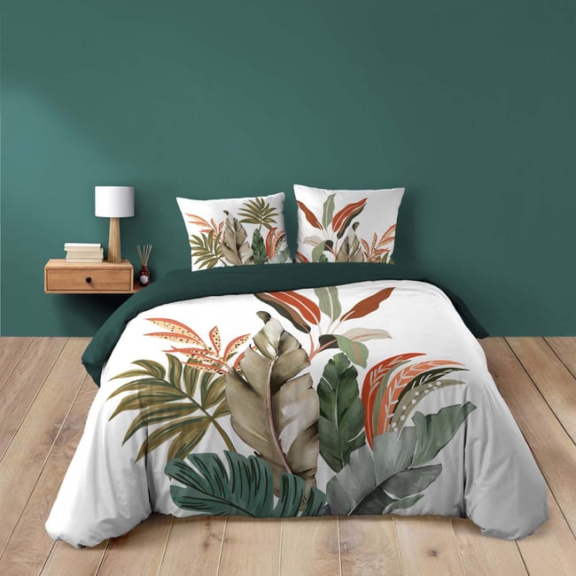 Parure de lit 3 pièces 100 % coton imprimé à motif tropical housse + taies vert <span itemprop=
