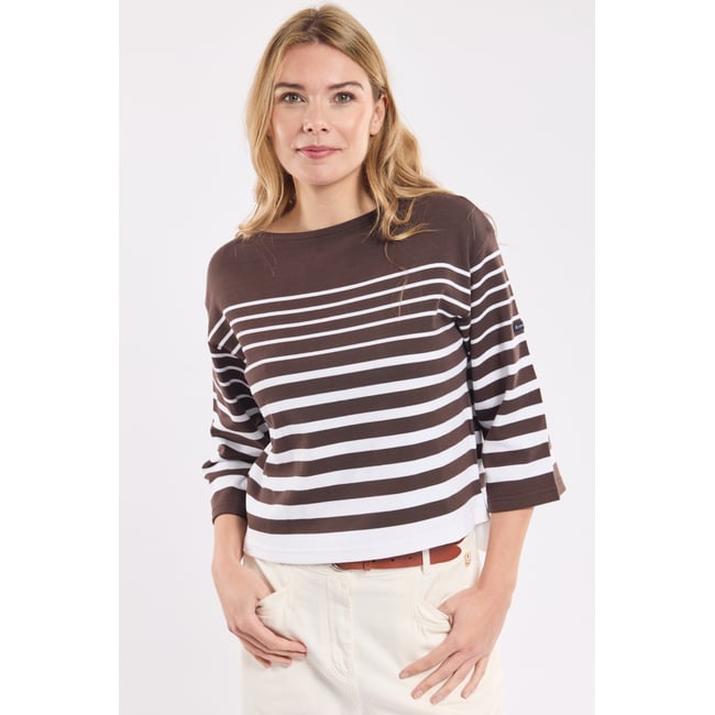 Marinière manches 3/4 en coton brown/blanc <span itemprop=