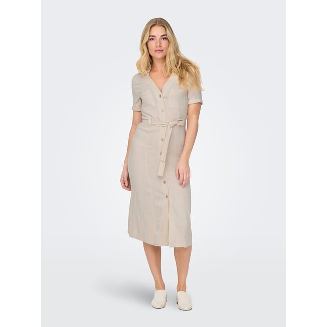 Robe manches courtes, avec ceinture  ecru <span itemprop=