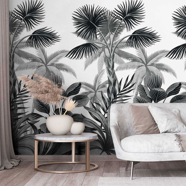 Papier peint palmae noir et blanc Couleur noir et blanc <span itemprop=