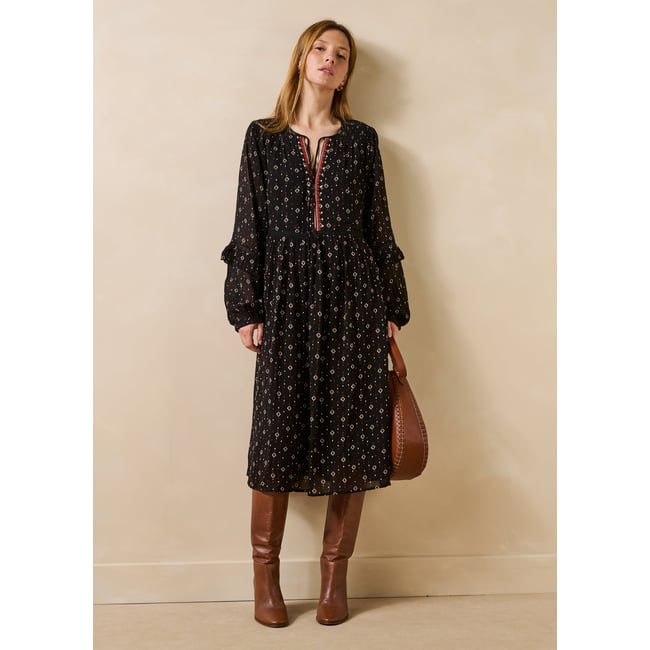 Robe midi en voile imprimé manches longues noir <span itemprop=
