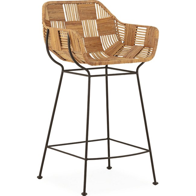 Tabouret haut métal et osier  naturel assise confortable Couleur naturel osier et métal noir <span itemprop=