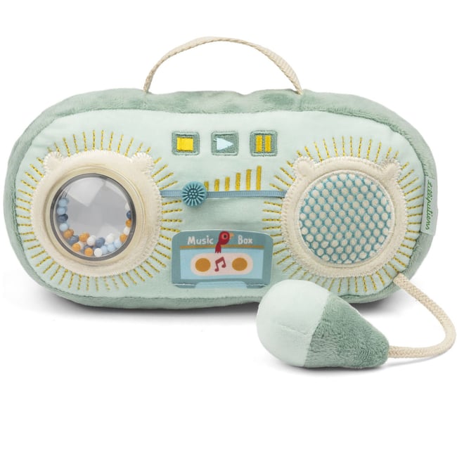 Peluche radio sonore vert d'eau, blanc, jaune <span itemprop=