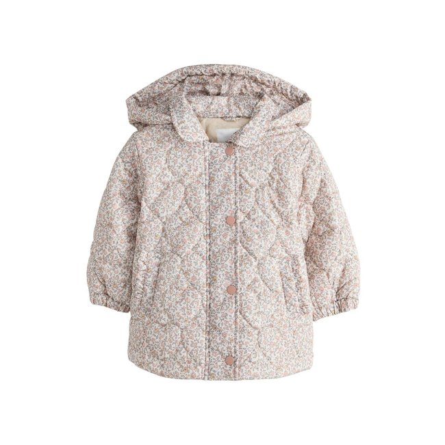 Manteau matelassé imperméable rose motif fleurs <span itemprop=