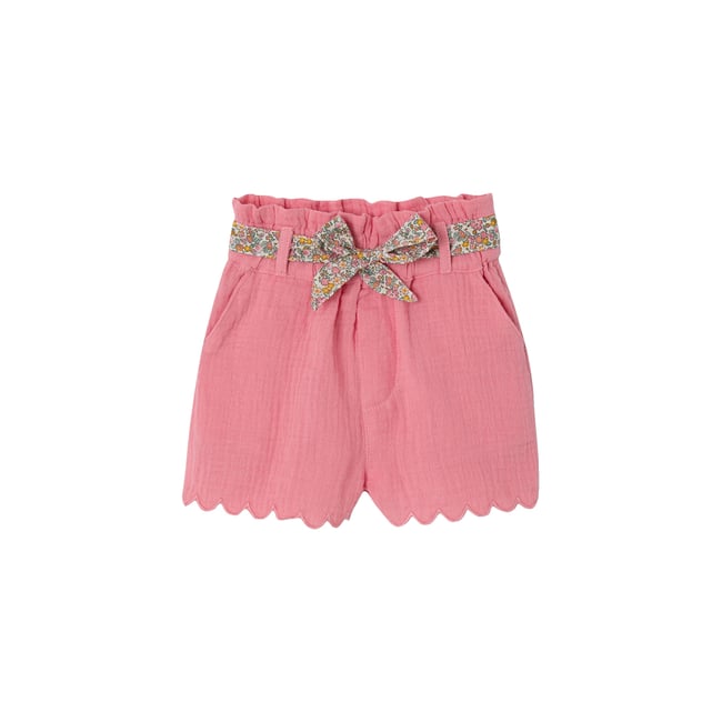 Short en gaze de coton ceinture imprimée rose bonbon <span itemprop=