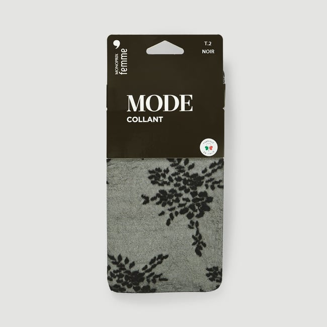 Collant fin motif bouquets fleurs noir <span itemprop=