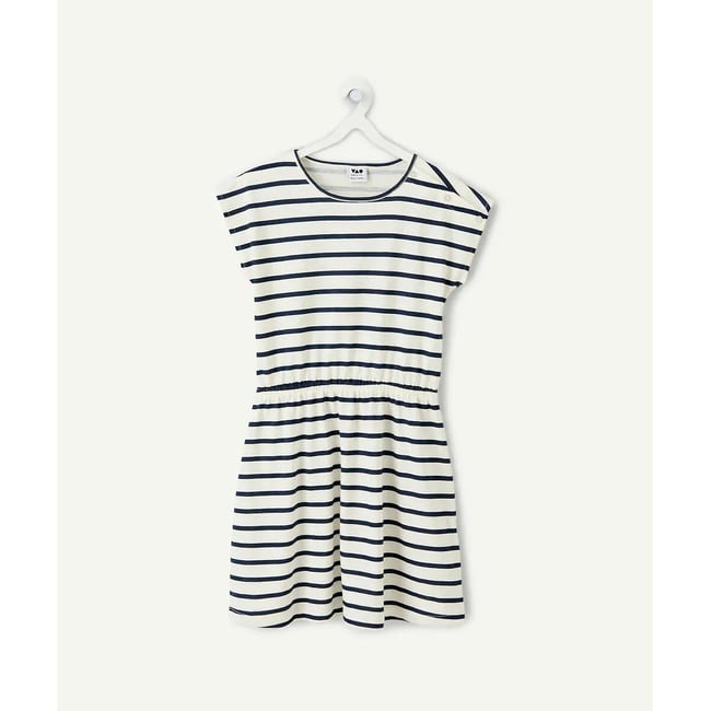 Robe manches courtes à pois rayé bleu marine/blanc <span itemprop=