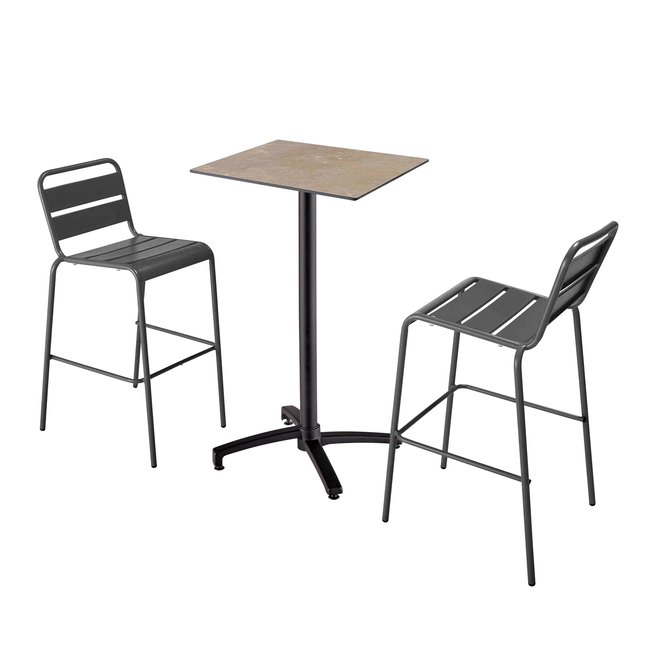 Table haute en HPL inclinable et 2 chaises hautes en métal, OPERA gris anthracite <span itemprop=