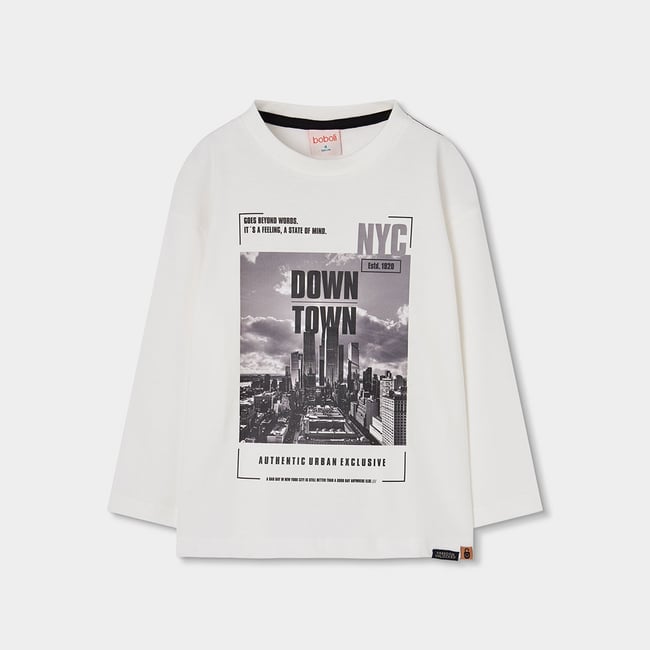 T-shirt garçon en maille imprimé ville NYC blanc <span itemprop=