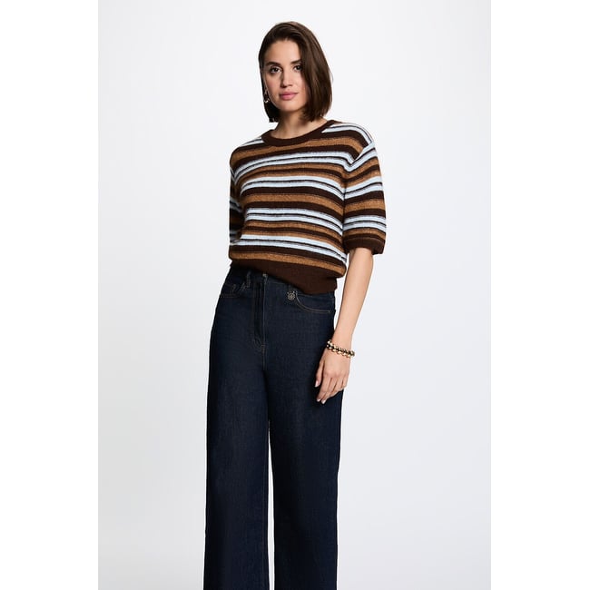 Jersey con cuello redondo de punto fino rayas marrón <span itemprop=