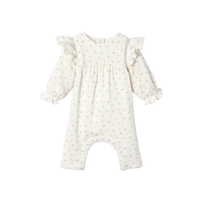 Combinaison volantée en gaze de coton doublée ivoire imprimé <span itemprop=