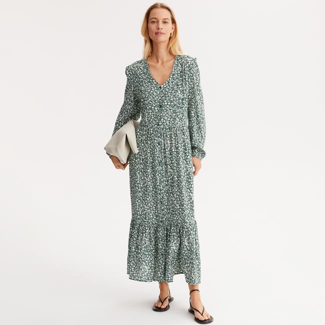 Robe évasée, imprimé floral, longue  imprimé fleurs fond vert <span itemprop=