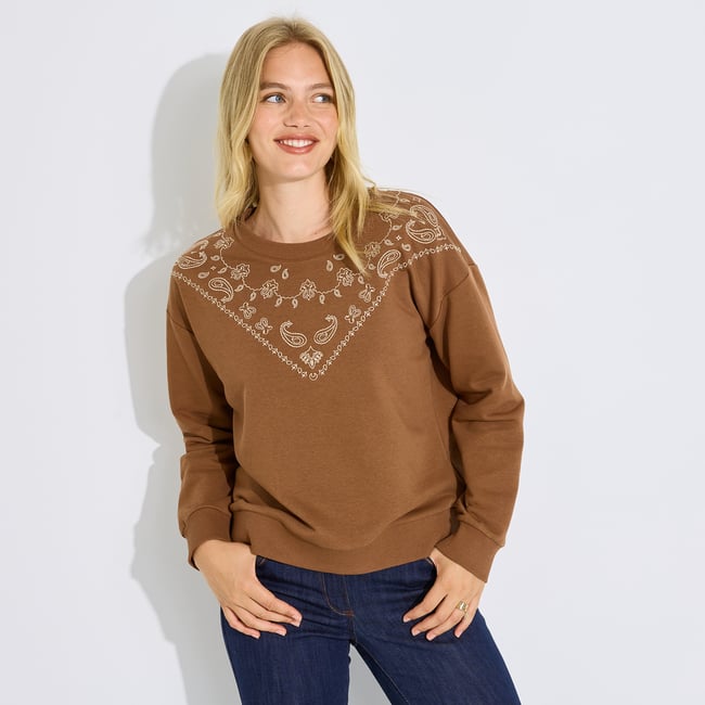 Sweat broderie bandana marron moka <span itemprop=