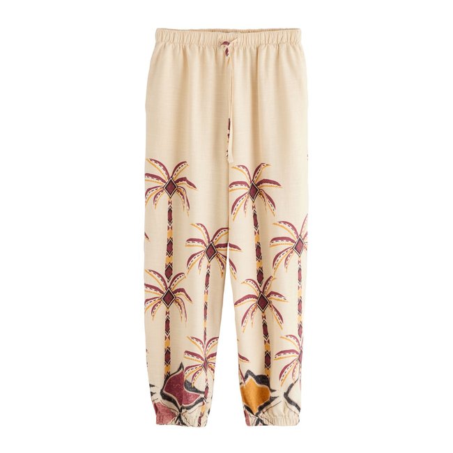 Pantalon bouffant en lin mélangé imprimé palmier beige <span itemprop=