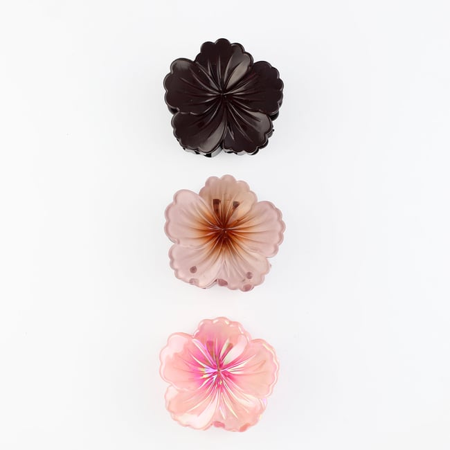 Set de 3 pinces à cheveux fleurs d'hibiscus rose <span itemprop=