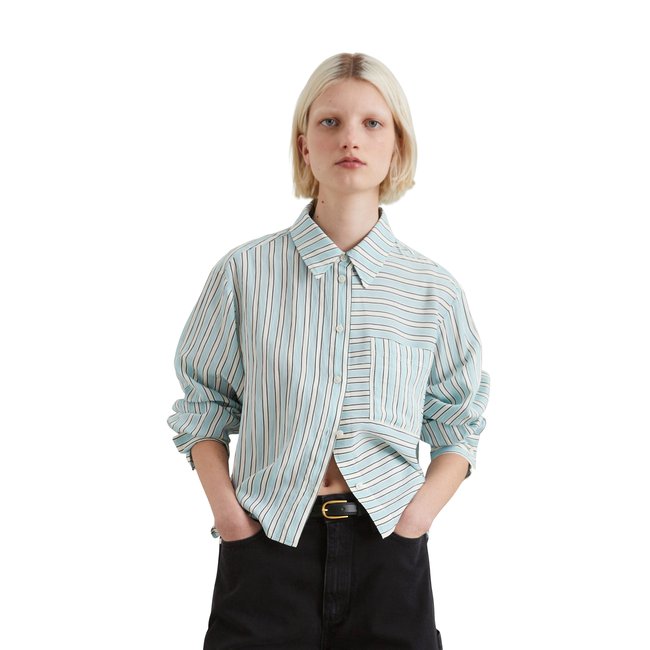 Blouse rayée relaxed en mélange crinkle-viscose blanc <span itemprop=