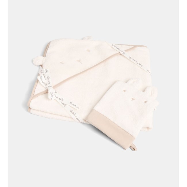 Ensemble 2 pièces aliapa cape de bain et gant coton écru et beige <span itemprop=