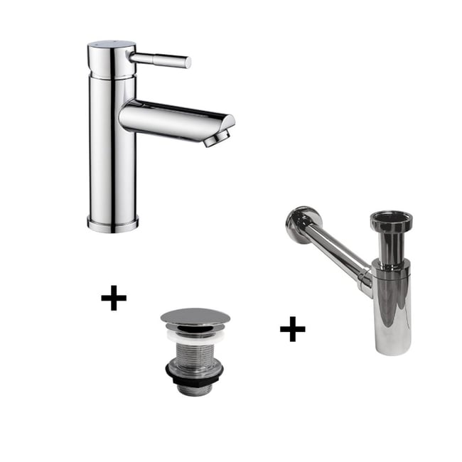 Robinet bec bas TAP + bonde LIV + siphon SIMON chromé <span itemprop=