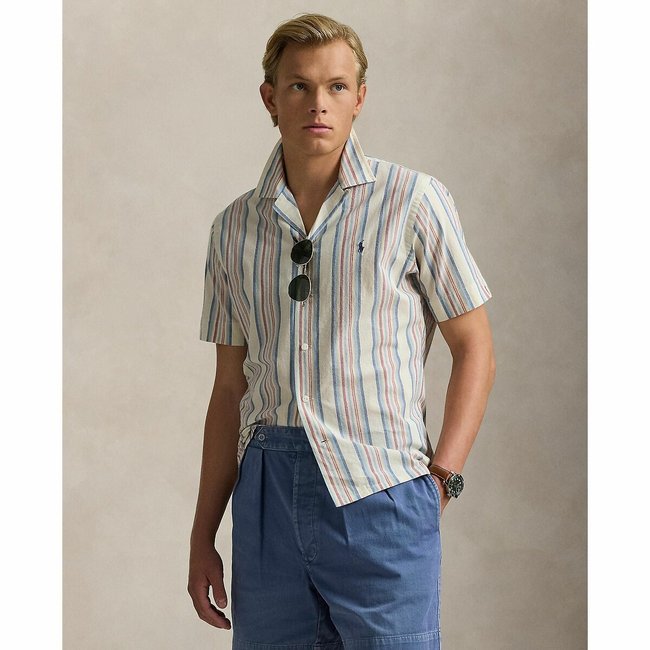 Striped Short Sleeve Shirt in Chambray, off white/red multicolour, POLO RALPH LAUREN