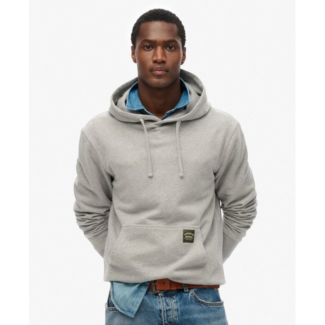 Sweat à capuche décontracté avec surpiqûres contrastées gris chiné délavé collège <span itemprop=