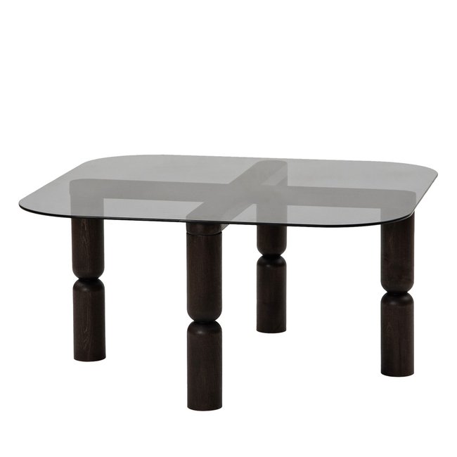 Table basse carrée en verre trempé et bois 80x80cm- COLONIA Couleur noir <span itemprop=