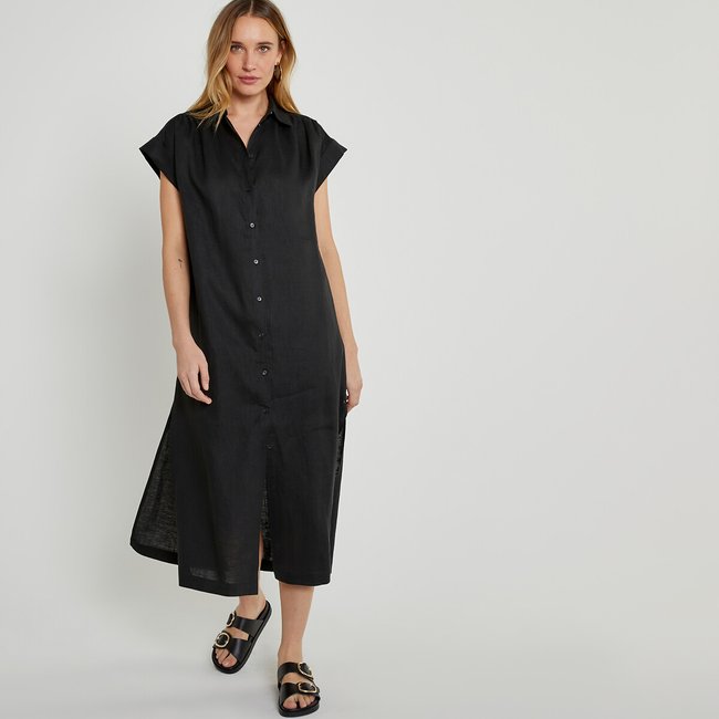 Robe-chemise longue en lin  noir <span itemprop=