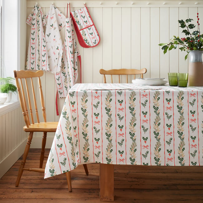 Holly Stripe Christmas Cotton Table Cloth, multi-coloured, CATHERINE LANSFIELD