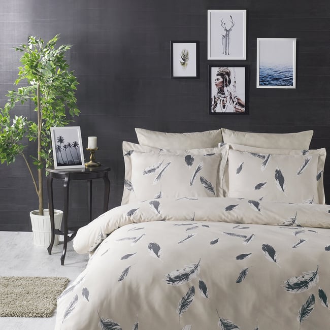 Parure housse de couette coton imprimée plumes, Feather multicolore <span itemprop=