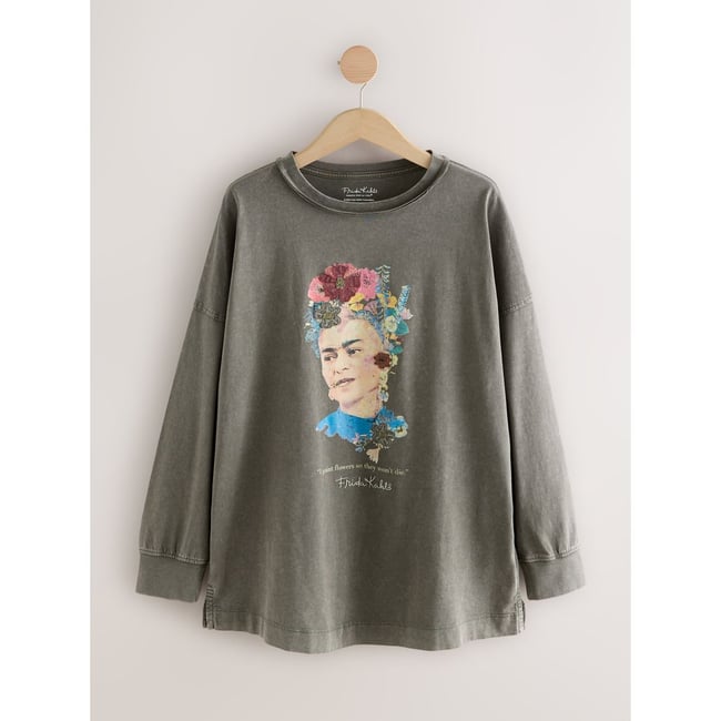 T-shirt manches longues graphique frida kahlo gris anthracite <span itemprop=