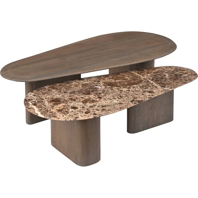 Table basse double chêne et marbre CASTELLO Couleur chêne fumé charbon et marbre emperador <span itemprop=