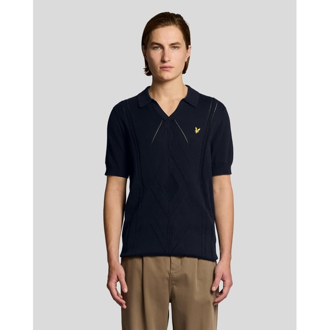 Polo col ouvert à losanges en maille bleu foncé marine <span itemprop=
