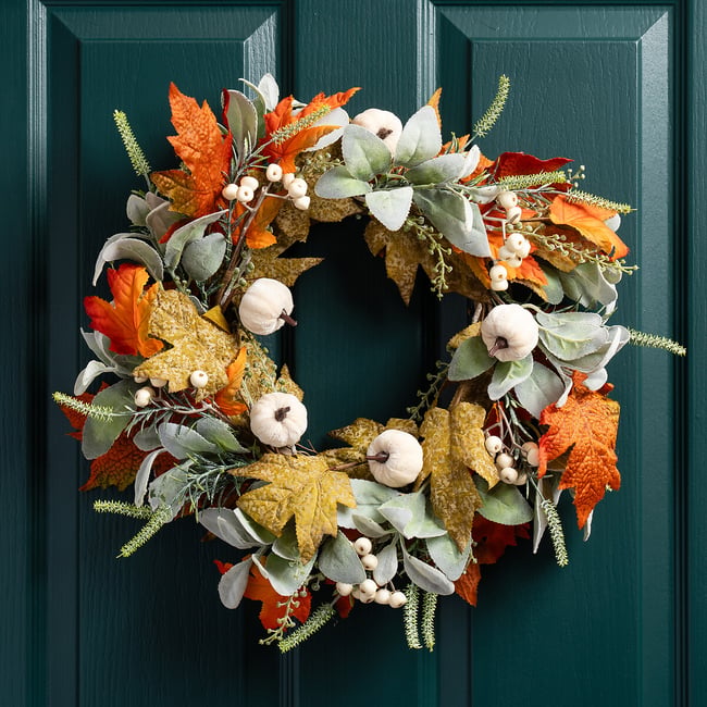 45cm Artificial Pumpkin Wreath, green/orange, SO'HOME