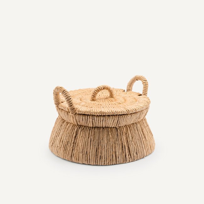Cesto com tampa, em bananeira entrançada, Caja natural <span itemprop=
