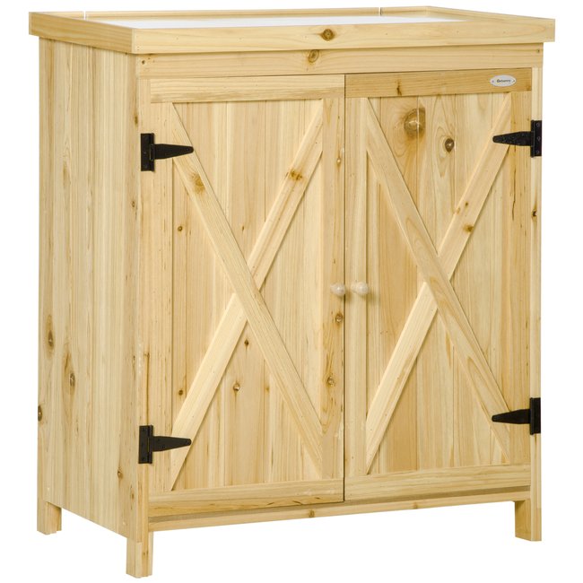 Armoire de jardin table de rempotage 2 en 1 - 2 portes, étagère - plateau métal galvanisé bois beige <span itemprop=