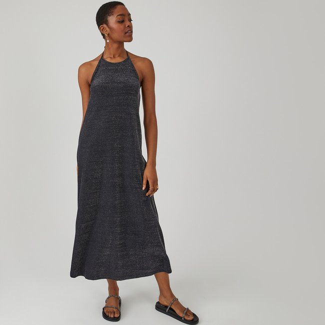 Ärmelloses Maxikleid mit Glanzeffekt schwarz silber <span itemprop=