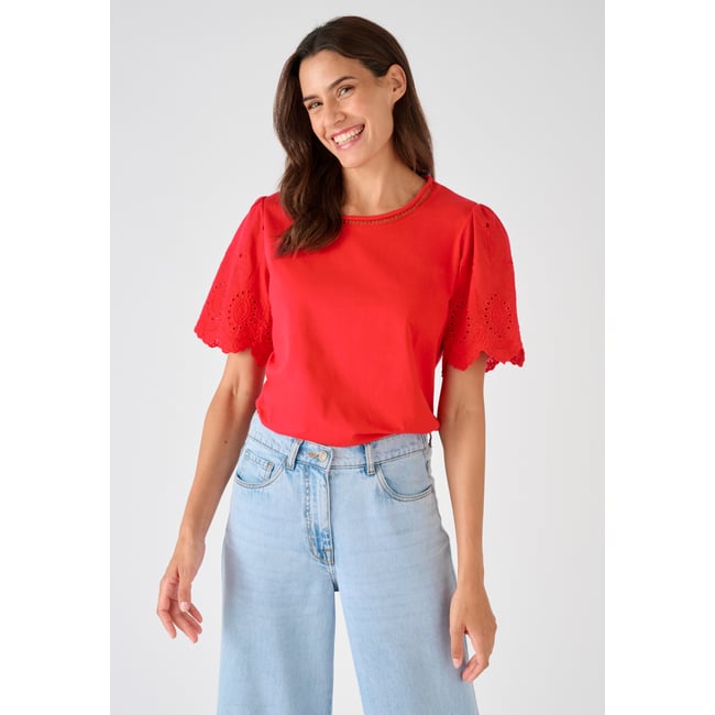 T-shirt pur coton manches brodées rouge <span itemprop=